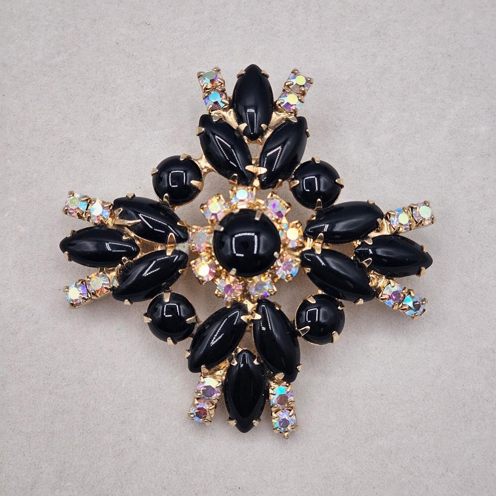 Statement Brooch Black Cabochon Gold Tone Aurora Borealis Rhinestone Cross Star